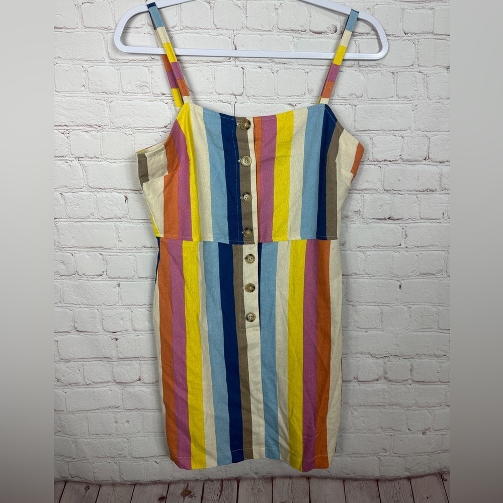 Timing Linen‎ Blend striped tank sleeveless mini dress rainbow Y2K 90s sz M, NWT